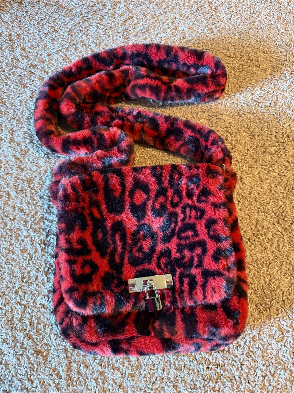 Dolls Kill Red & Black Faux Fur Leopard Crossbody Bag